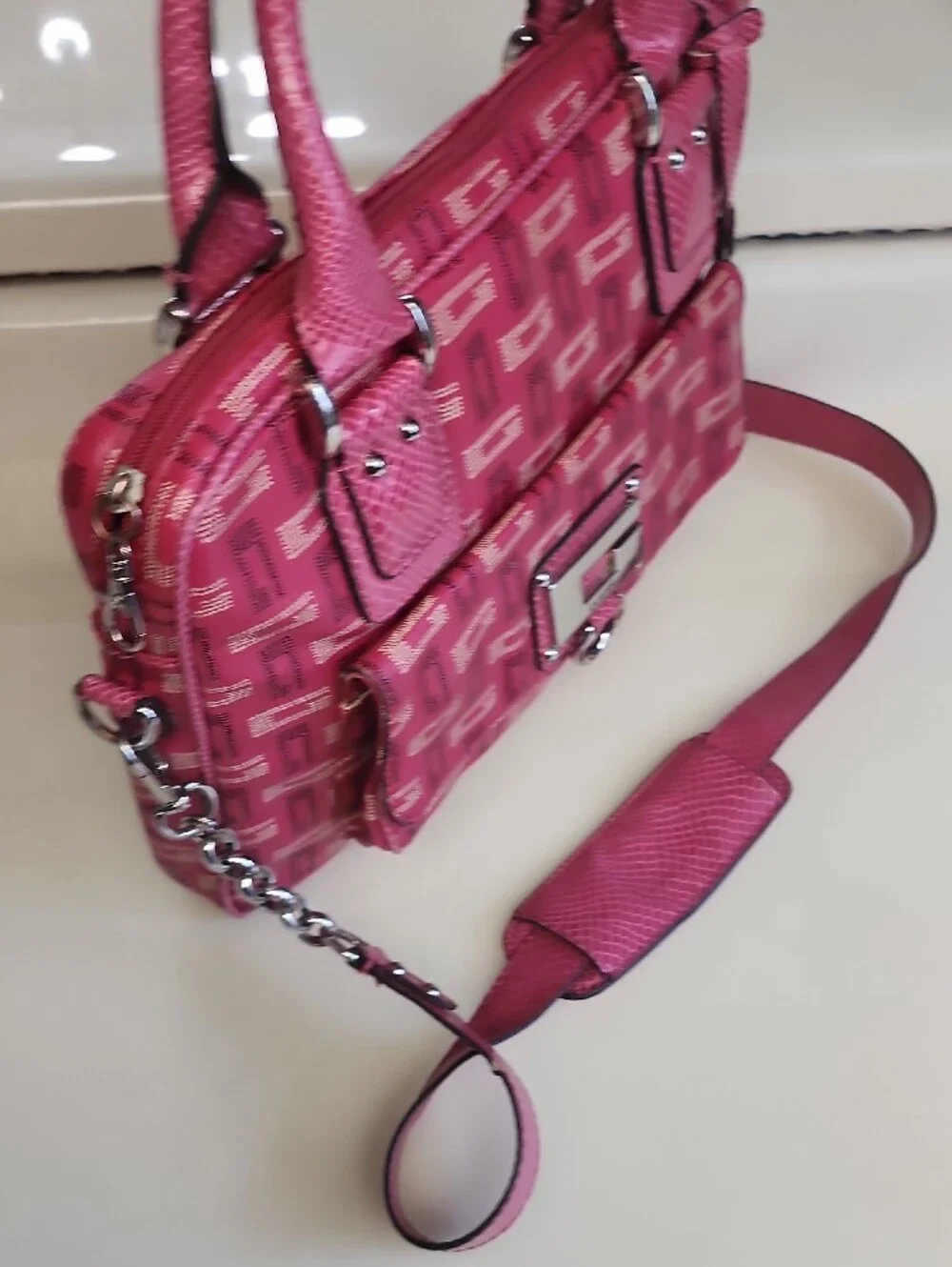 Guess Pink Logo-Print Satchel with Silver Hardware